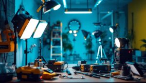 A photograph of a lighting contractor working on a lighting installation