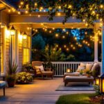 A photograph of a beautifully illuminated outdoor porch at dusk