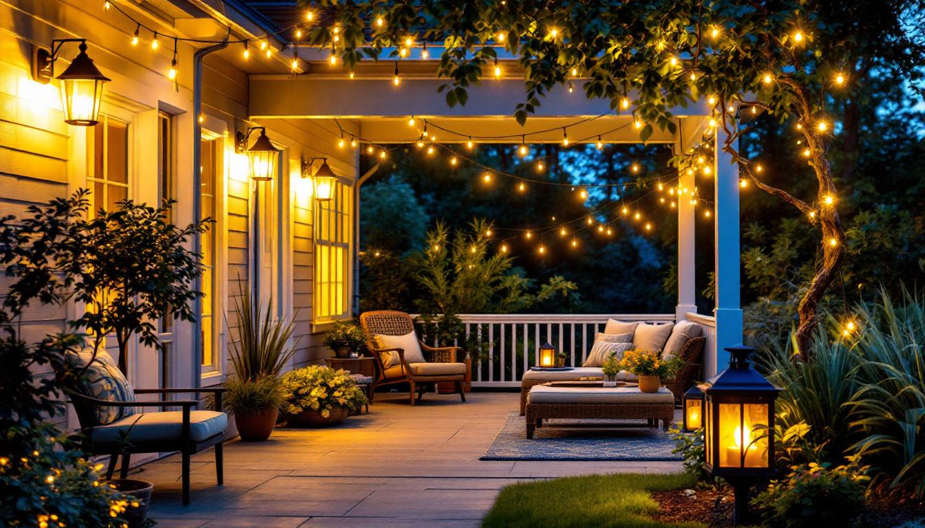 A photograph of a beautifully illuminated outdoor porch at dusk