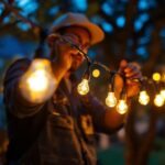 A photograph of a skilled lighting contractor installing vibrant string led lights in an outdoor setting