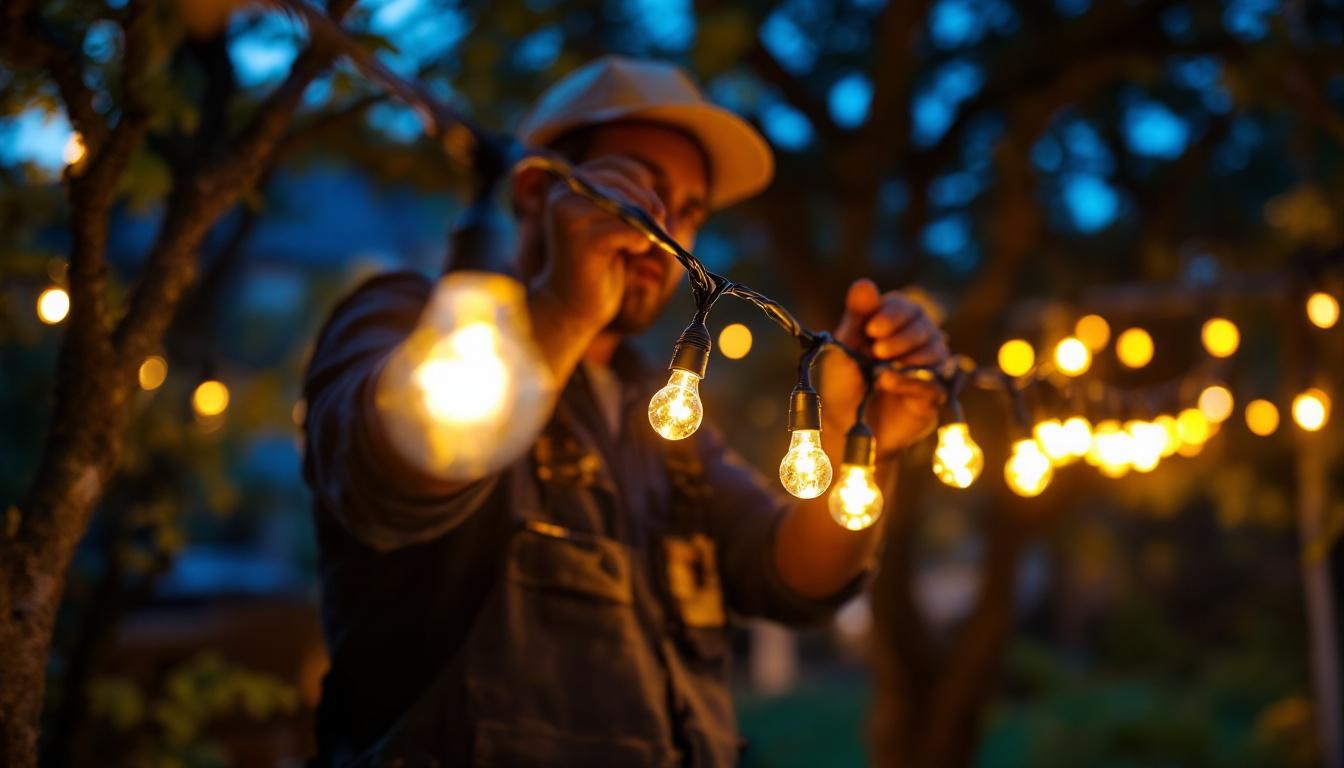 A photograph of a skilled lighting contractor installing vibrant string led lights in an outdoor setting