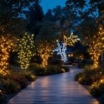 A photograph of a beautifully illuminated outdoor space featuring a variety of led light strings creatively arranged among trees