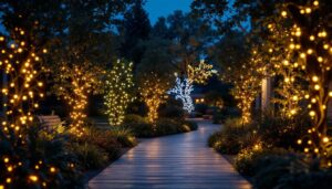 A photograph of a beautifully illuminated outdoor space featuring a variety of led light strings creatively arranged among trees
