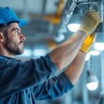 A photograph of a skilled lighting contractor at work