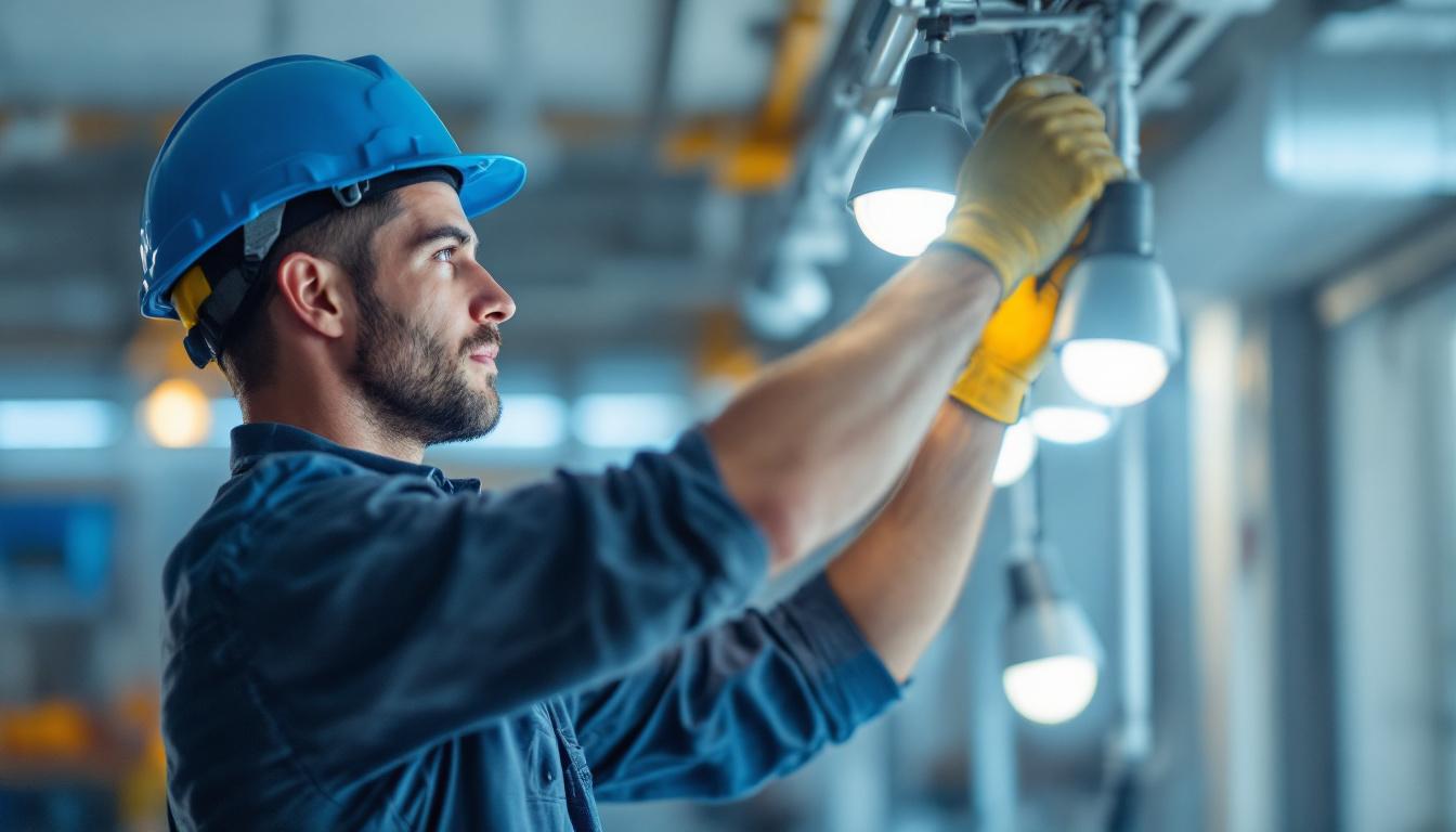 A photograph of a skilled lighting contractor at work