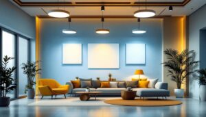 A photograph of a well-lit interior space showcasing various surface mount led fixtures in use