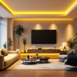 A photograph of a beautifully designed interior space showcasing dimmable recessed led spotlights in action