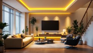 A photograph of a beautifully designed interior space showcasing dimmable recessed led spotlights in action