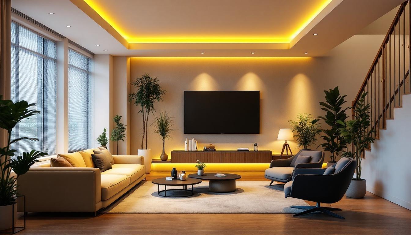 A photograph of a beautifully designed interior space showcasing dimmable recessed led spotlights in action