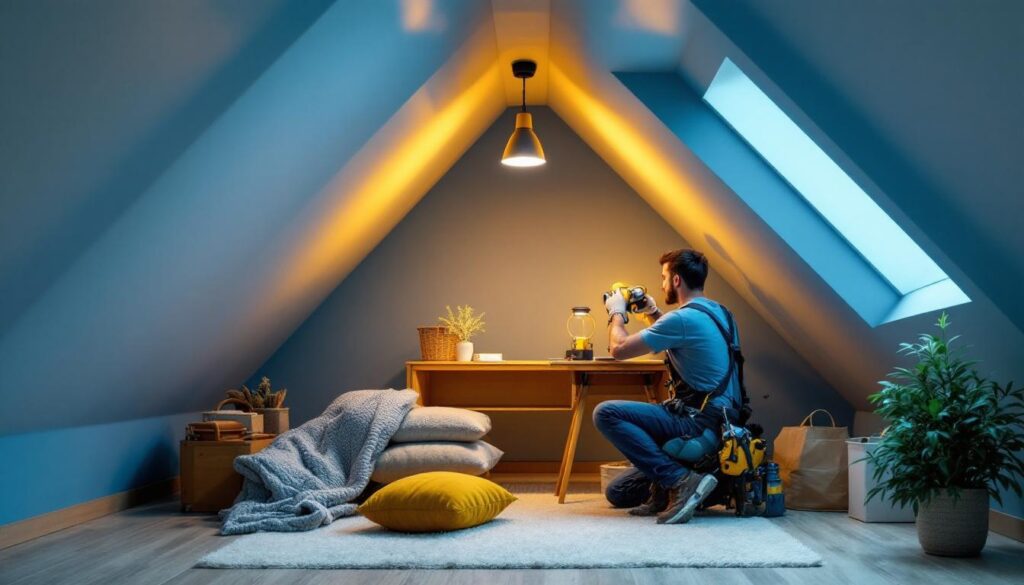 A photograph of a lighting contractor installing stylish and functional attic lights in a well-designed attic space