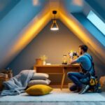 A photograph of a lighting contractor installing stylish and functional attic lights in a well-designed attic space