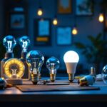 A photograph of a well-lit workspace featuring a variety of plug-in light bulbs