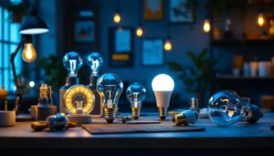 A photograph of a well-lit workspace featuring a variety of plug-in light bulbs
