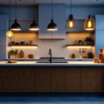 A photograph of a beautifully designed kitchen island featuring a variety of stylish light fixtures