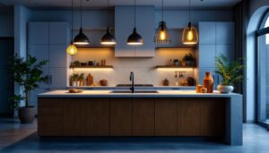A photograph of a beautifully designed kitchen island featuring a variety of stylish light fixtures