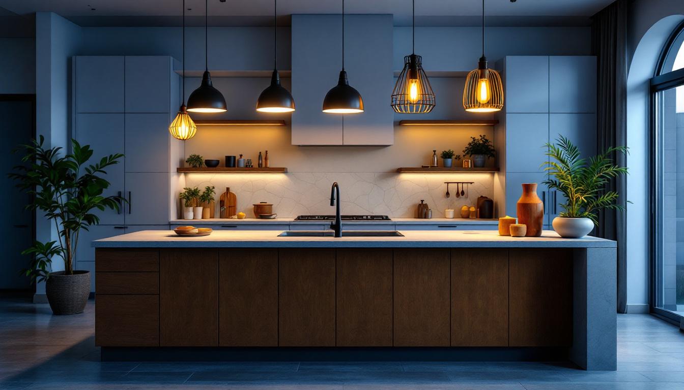 A photograph of a beautifully designed kitchen island featuring a variety of stylish light fixtures
