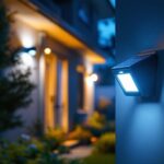 A photograph of a lighting contractor installing solar outdoor motion detector lights in a residential backyard at dusk