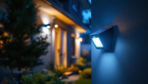 A photograph of a lighting contractor installing solar outdoor motion detector lights in a residential backyard at dusk