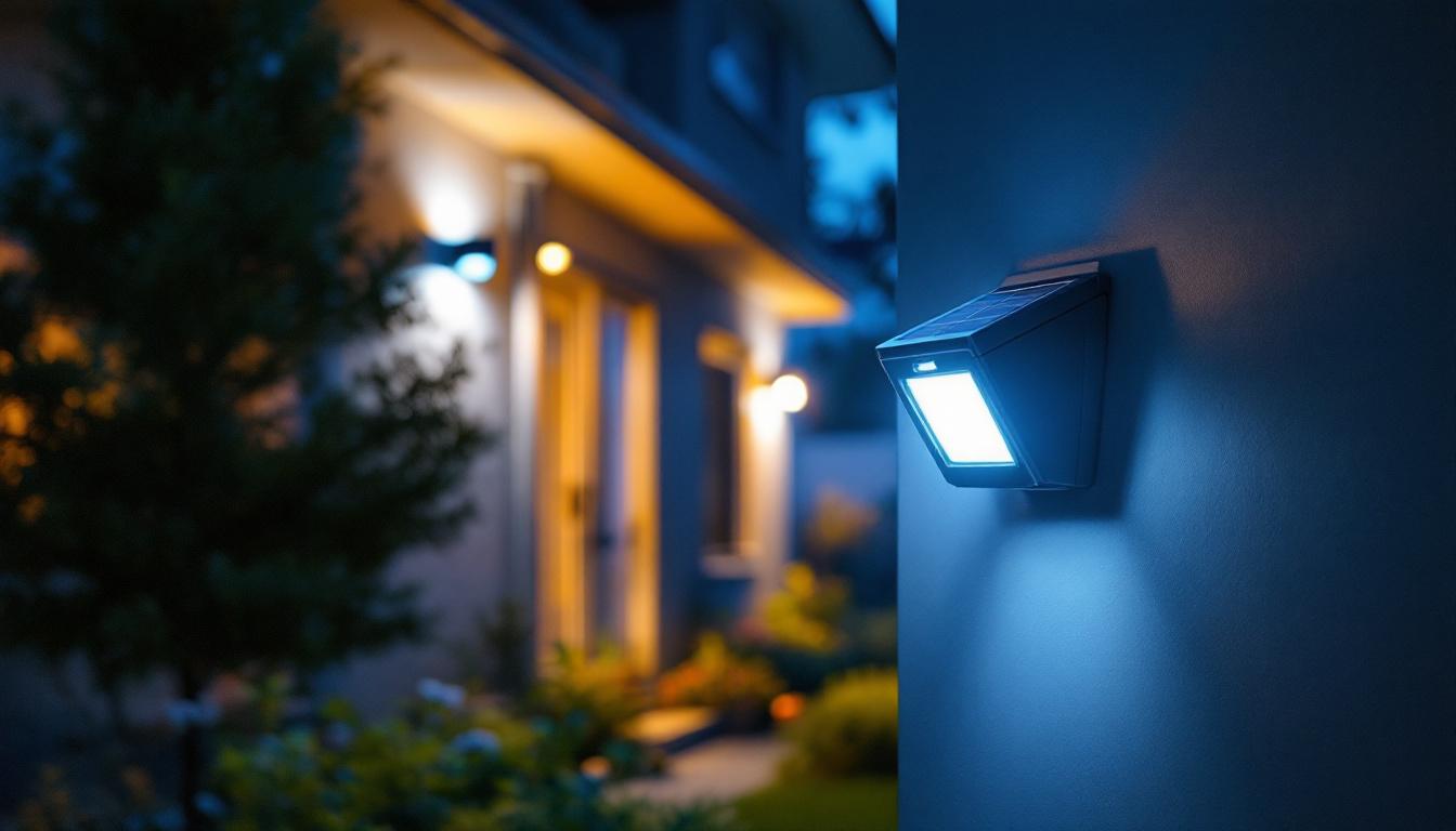 A photograph of a lighting contractor installing solar outdoor motion detector lights in a residential backyard at dusk