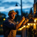 A photograph of a lighting contractor skillfully installing or adjusting ballard lights in an outdoor setting