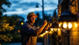 A photograph of a lighting contractor skillfully installing or adjusting ballard lights in an outdoor setting