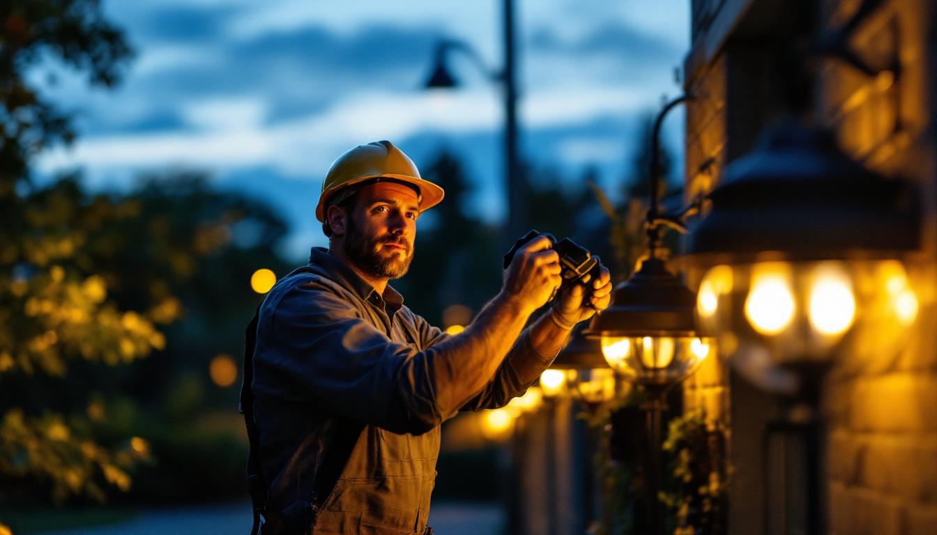 A photograph of a lighting contractor skillfully installing or adjusting ballard lights in an outdoor setting