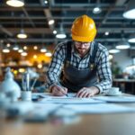 A photograph of a lighting contractor inspecting a well-lit commercial space