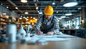 A photograph of a lighting contractor inspecting a well-lit commercial space