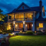 A photograph of a beautifully illuminated backyard at dusk