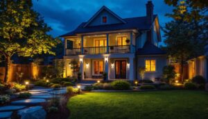 A photograph of a beautifully illuminated backyard at dusk
