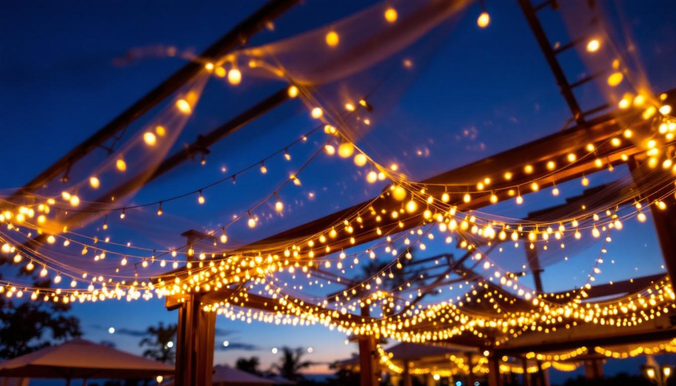 A photograph of a beautifully illuminated outdoor canopy at dusk