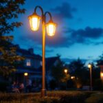 A photograph of a beautifully illuminated outdoor light post in a residential or commercial setting during twilight