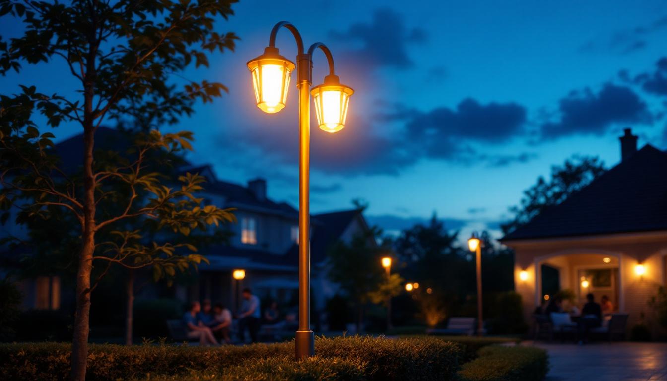 A photograph of a beautifully illuminated outdoor light post in a residential or commercial setting during twilight
