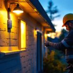 A photograph of a lighting contractor installing led outdoor flood lights in a residential or commercial setting during dusk