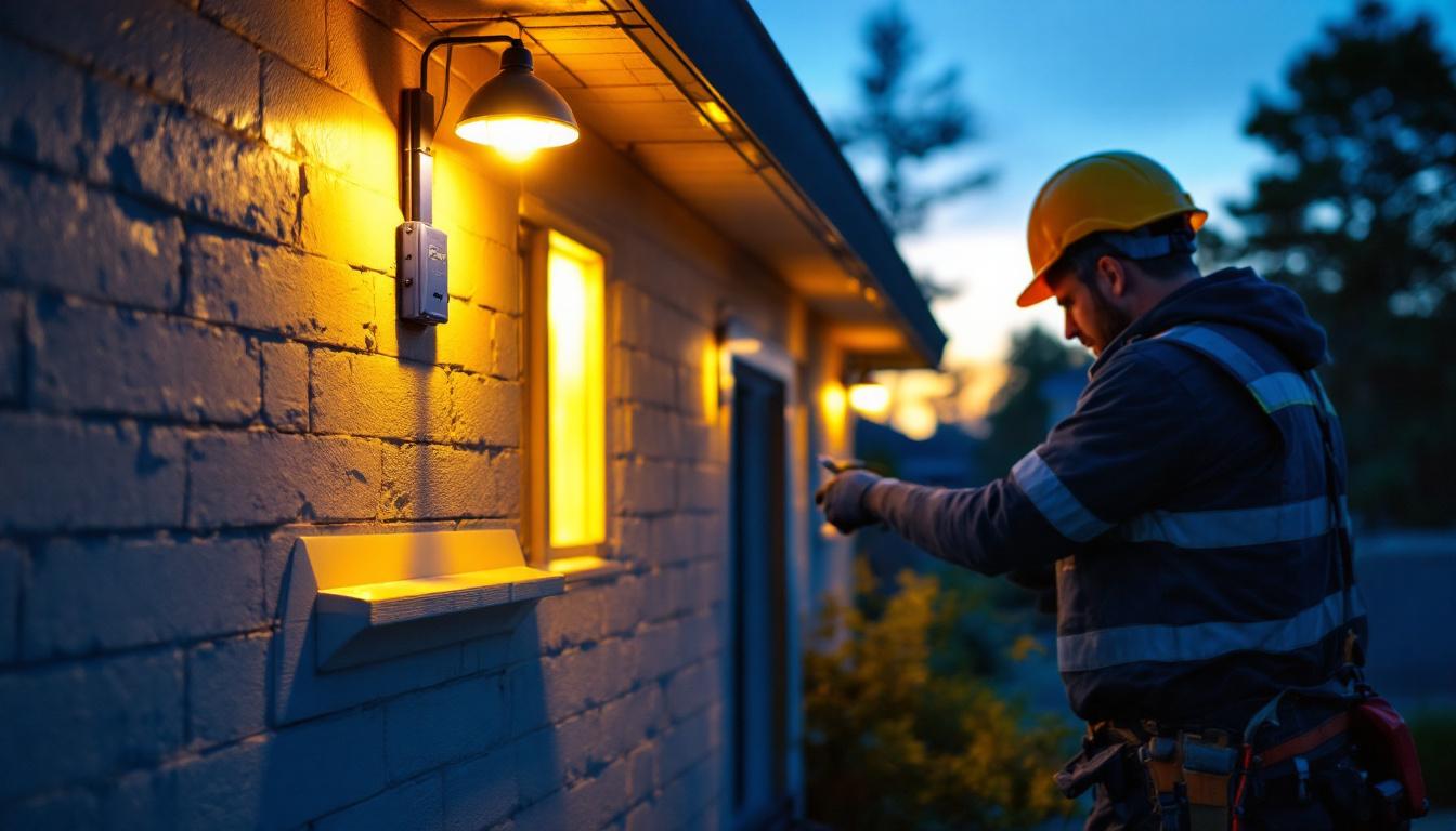 A photograph of a lighting contractor installing led outdoor flood lights in a residential or commercial setting during dusk