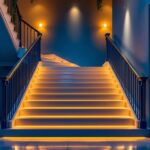A photograph of a beautifully lit staircase featuring a variety of stylish indoor lighting options