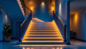 A photograph of a beautifully lit staircase featuring a variety of stylish indoor lighting options