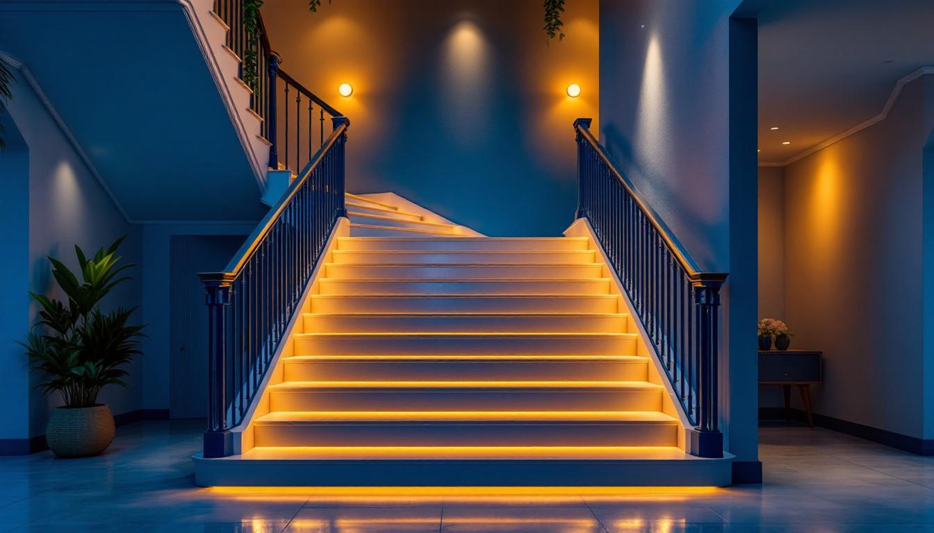 A photograph of a beautifully lit staircase featuring a variety of stylish indoor lighting options