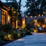 A photograph of a beautifully lit outdoor space featuring various landscape lighting fixtures