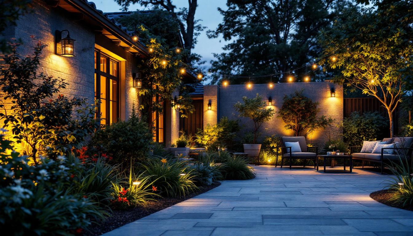 A photograph of a beautifully lit outdoor space featuring various landscape lighting fixtures