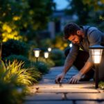 A photograph of a lighting contractor installing a pathway solar light in a beautifully landscaped garden