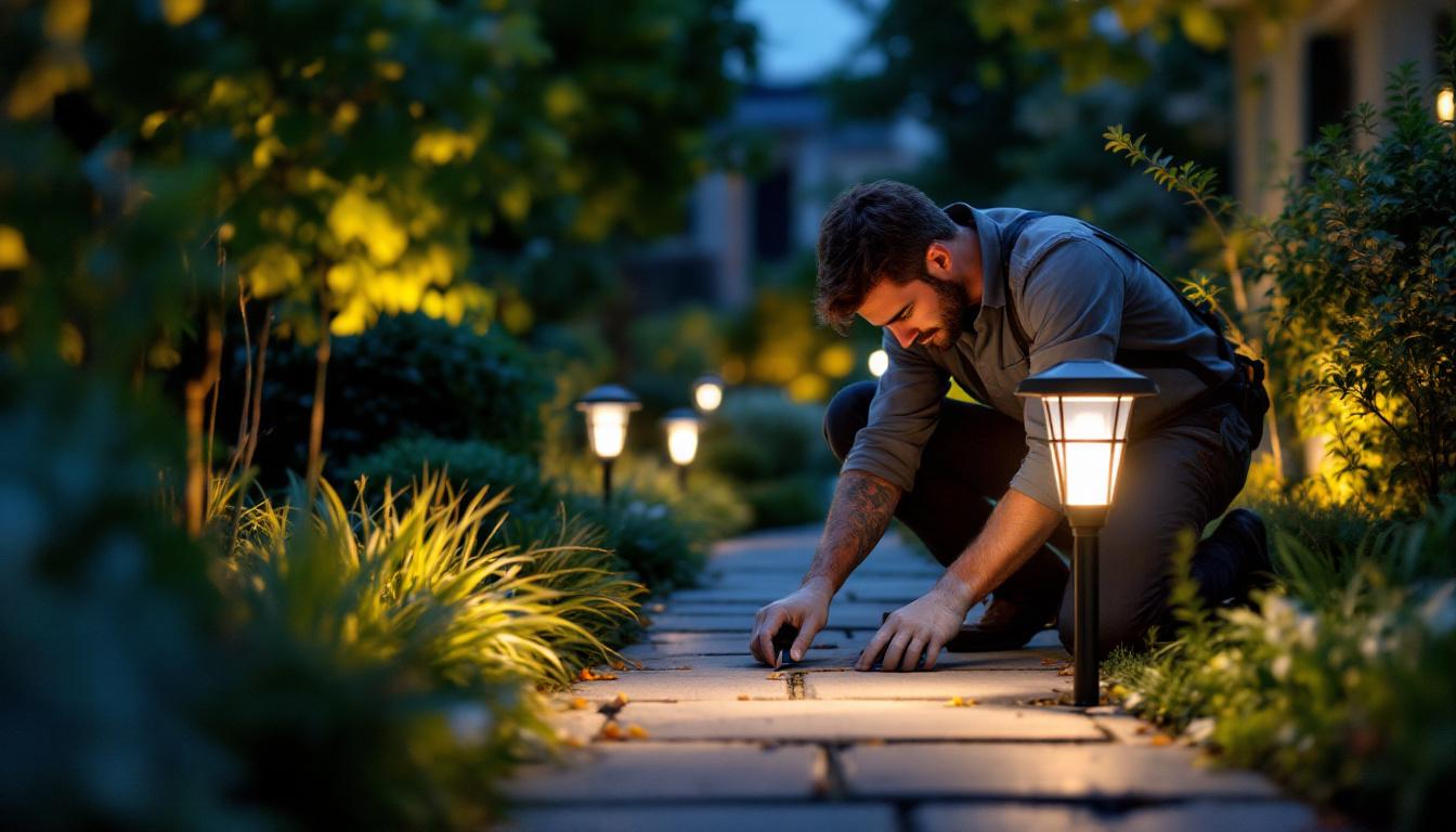 A photograph of a lighting contractor installing a pathway solar light in a beautifully landscaped garden