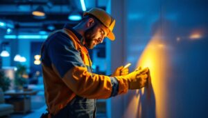 A photograph of a lighting contractor skillfully installing or showcasing innovative led lights in a commercial or residential setting