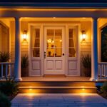 A photograph of a beautifully illuminated porch at dusk