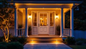 A photograph of a beautifully illuminated porch at dusk