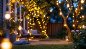 A photograph of capture a photograph of a beautifully lit outdoor space featuring white cord string lights