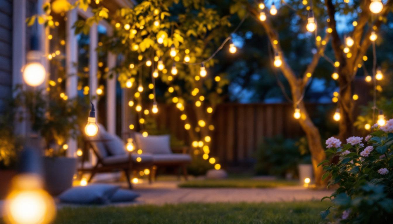 A photograph of capture a photograph of a beautifully lit outdoor space featuring white cord string lights