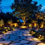 A photograph of a beautifully illuminated outdoor space showcasing various types of landscape lighting fixtures in use