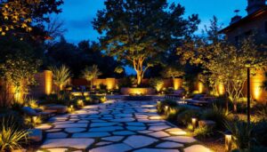 A photograph of a beautifully illuminated outdoor space showcasing various types of landscape lighting fixtures in use
