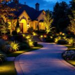 A photograph of a beautifully illuminated outdoor landscape showcasing various landscape lighting designs